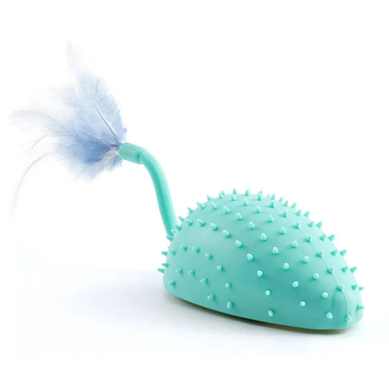Remote control silicone mouse cat toy with USB cable and feather attachment in cyan colour