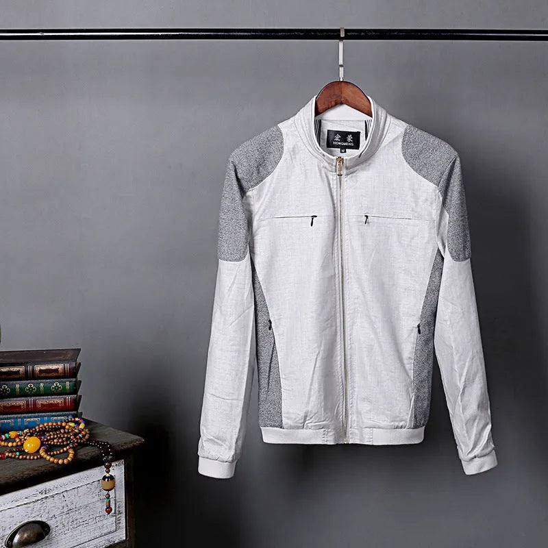 Men's thin regular-fit cotton jacket in heather grey, shown on a hanger.