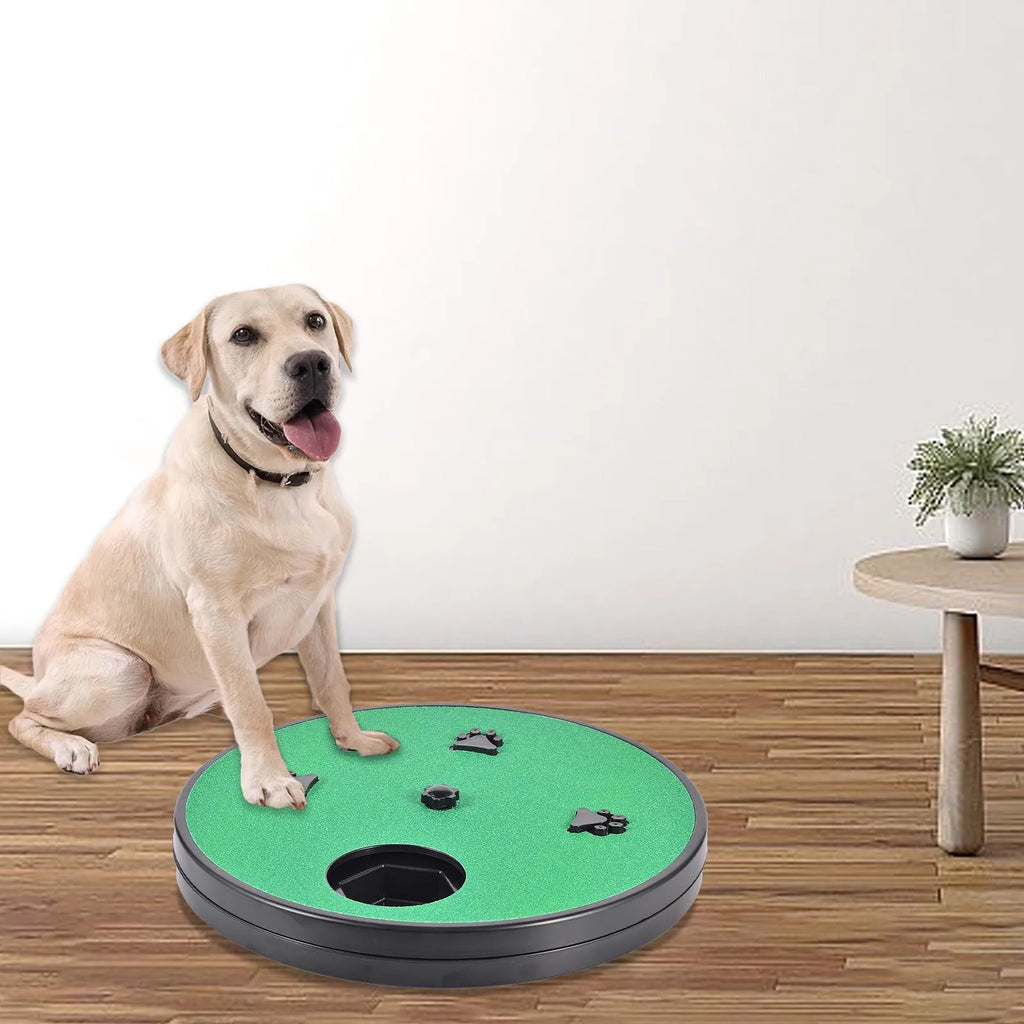 Square dog scratch pad with rotatable top cover showing food compartments and textured scratching surface