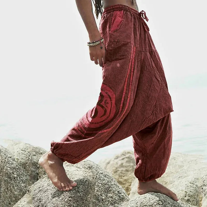 Dark green ethnic pattern men's ankle-tied casual trousers