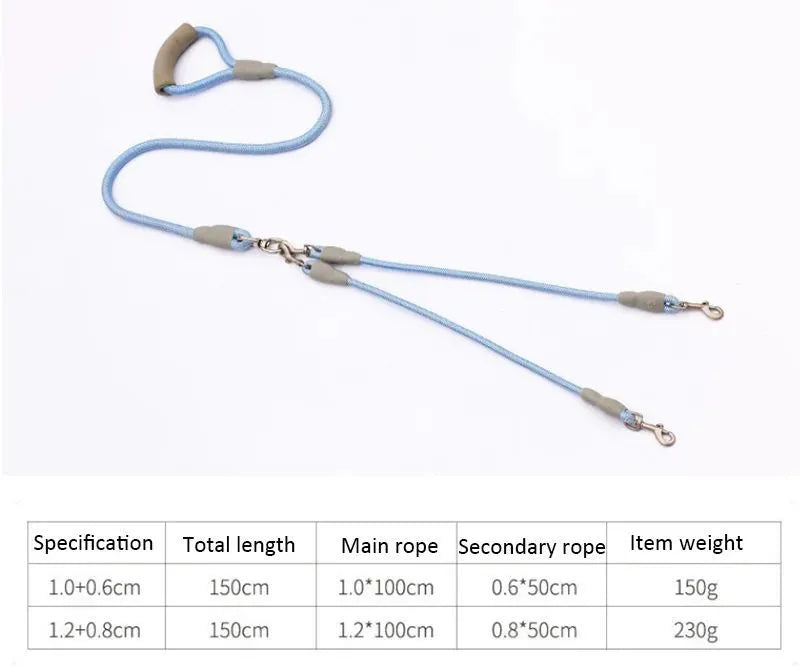 Double dog leash for two small medium dogs with foam handle and metal buckles