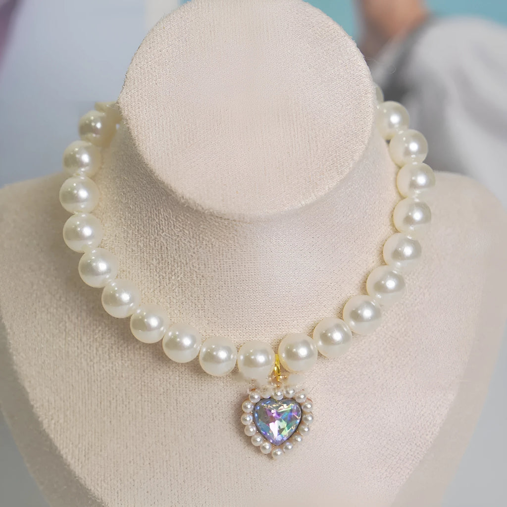 Decorative pearl and love gem cat collar necklace in a choice of colours on size guide.
