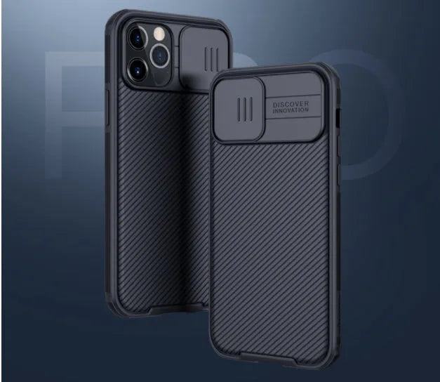 NILLKIN Black Mirror phone case for iPhone 12/12 Pro with sliding camera cover in black, blue, or green