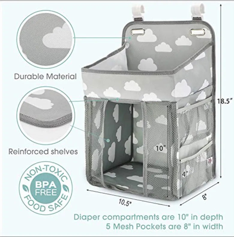 Grey portable baby crib organizer hanging bag with two hooks and compartments