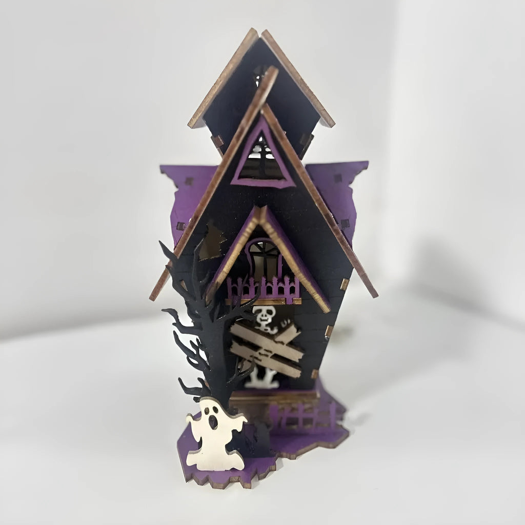 Unpainted DIY wooden haunted house Halloween decoration for use as a candlestick, shown next to a ruler for scale.