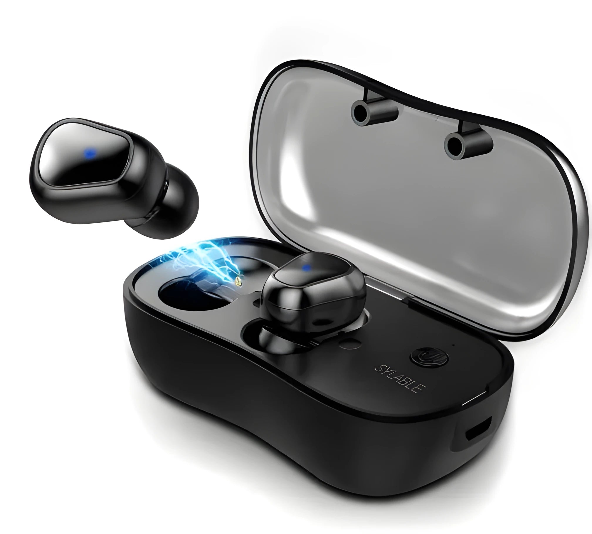 Black TWS sports headphones with separate wireless earpieces and compact charging case