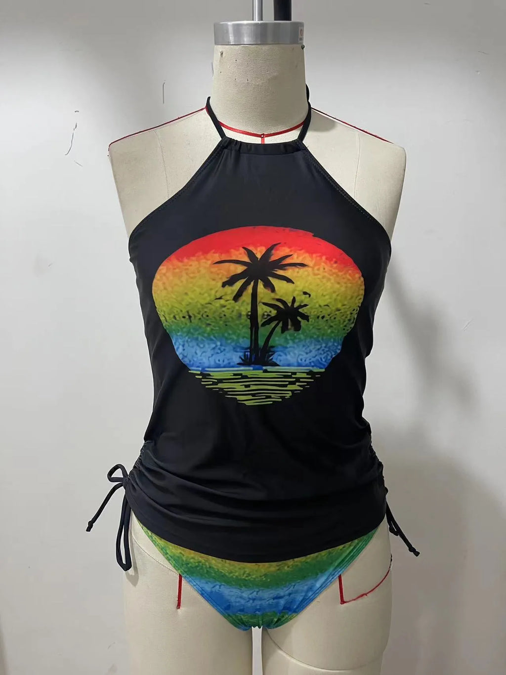 Colourful printed conservative style ladies swimsuit briefs with shorts lining on hanger