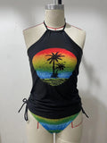 Colourful printed conservative style ladies swimsuit briefs with shorts lining on hanger