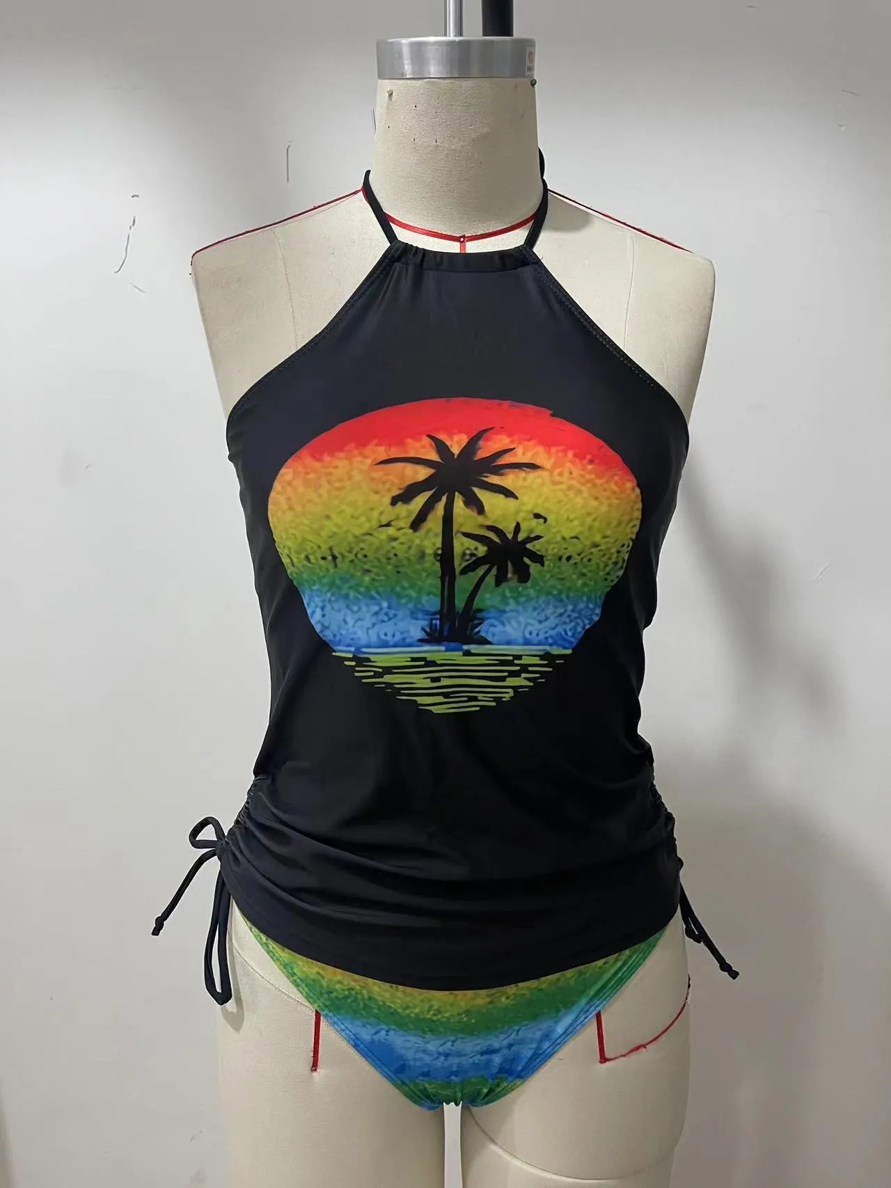 Colourful printed conservative style ladies swimsuit briefs with shorts lining on hanger