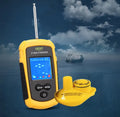 Yellow fish finder with wired sensor and display showing depth reading
