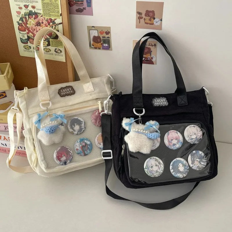 Large capacity transparent crossbody bag in beige with nylon build and single shoulder strap