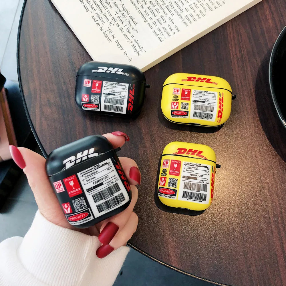 Black and yellow flexible TPU protective cases for Apple AirPods 1, 2, and 3 charging pods.