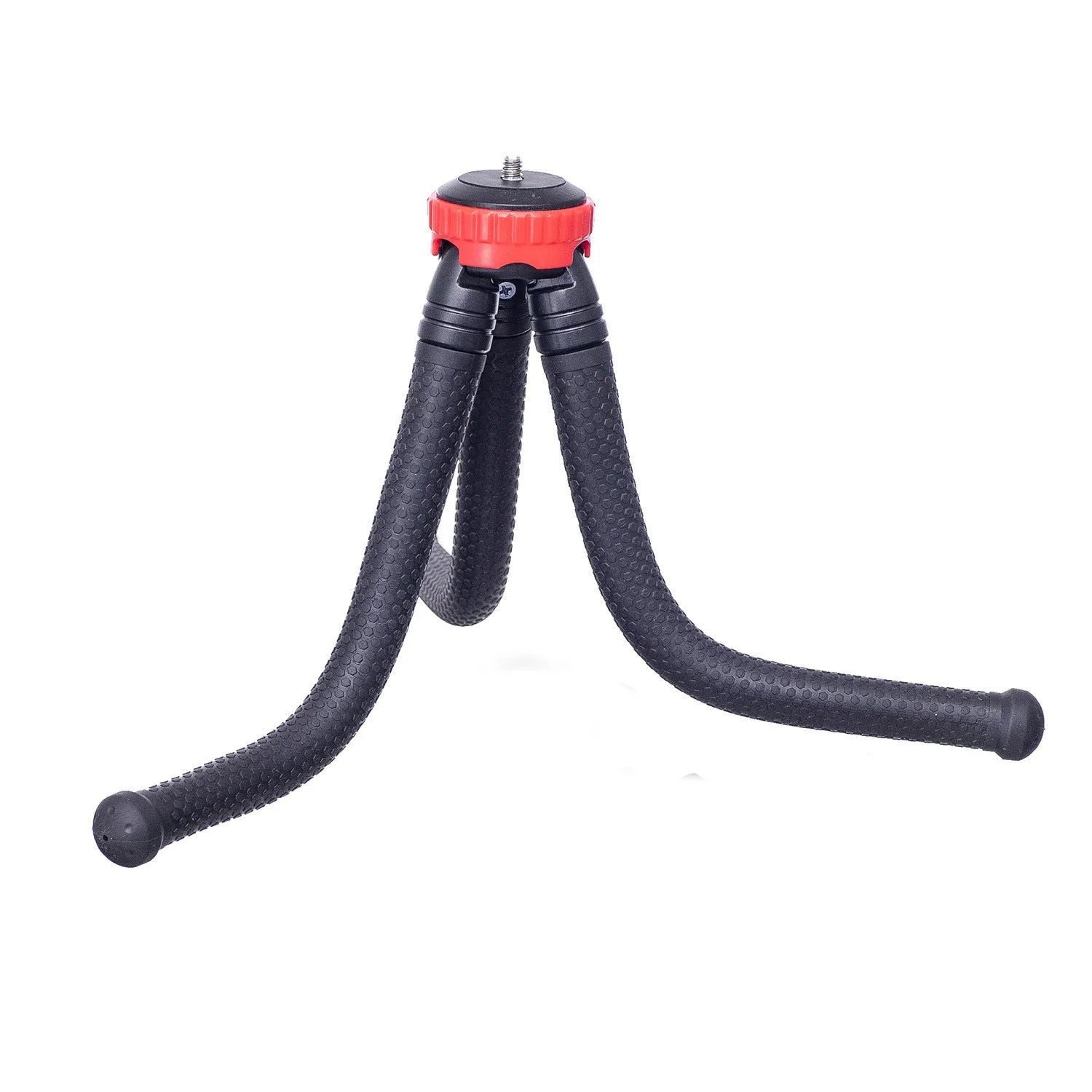 Black octopus tripod with flexible rubber legs and spherical gimbal for cameras and phones