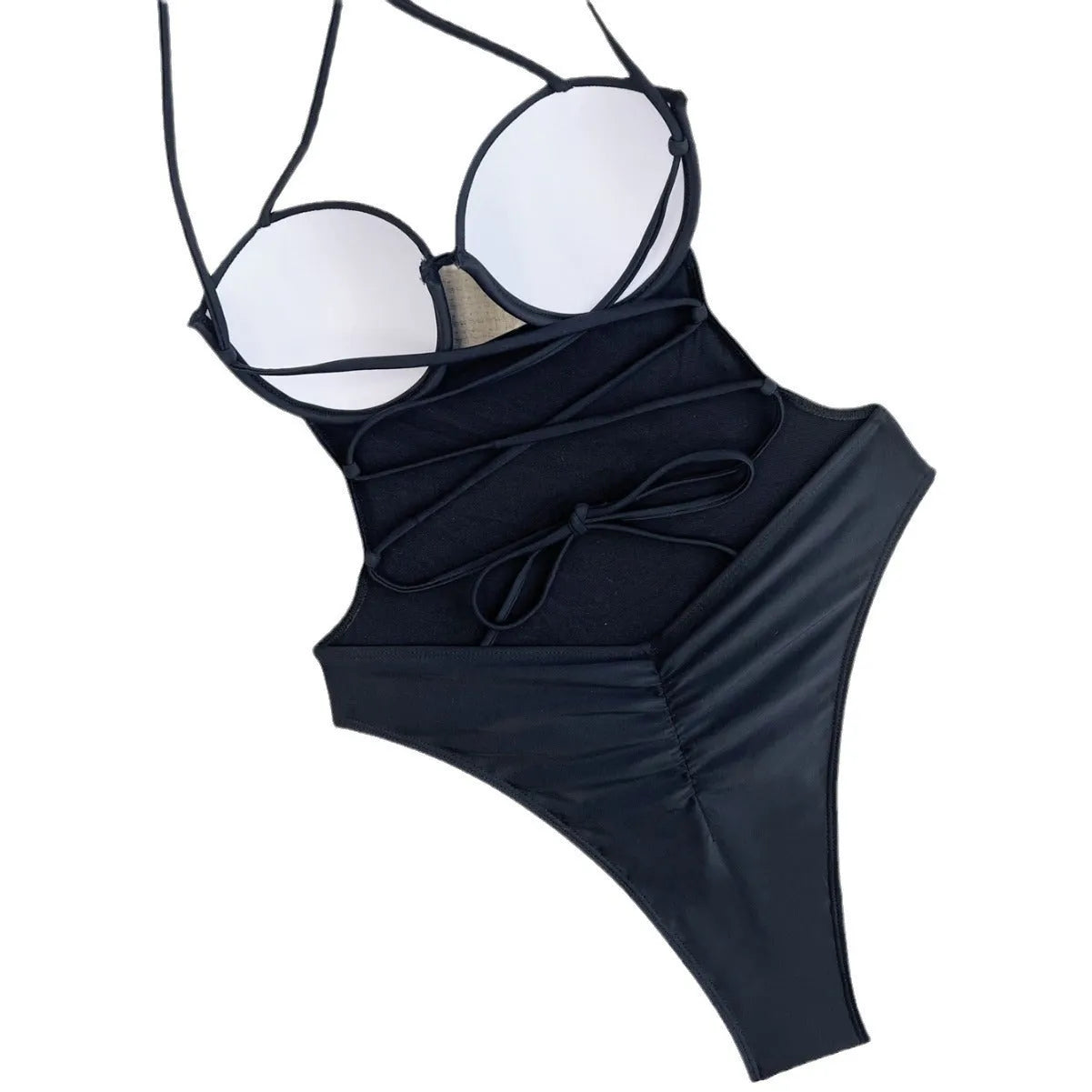 Black one-piece swimsuit for women made from spandex fabric