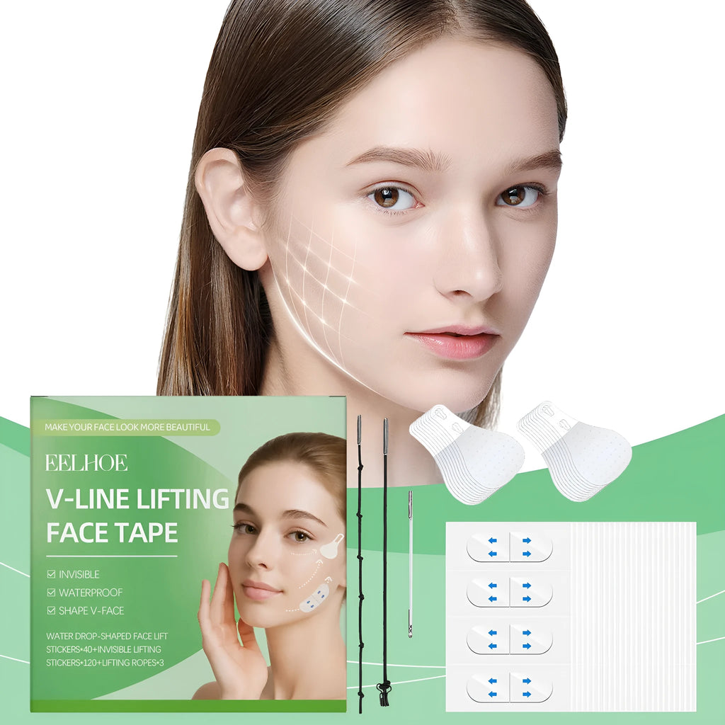 Invisible face lift tape patch kit with droplet-shaped stickers and adjustable lifting ropes for facial contouring