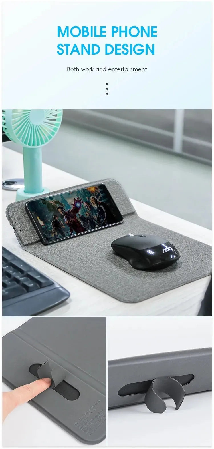 A foldable fabric phone holder with a phone attached, showing its adjustable angle and wireless charging capability.