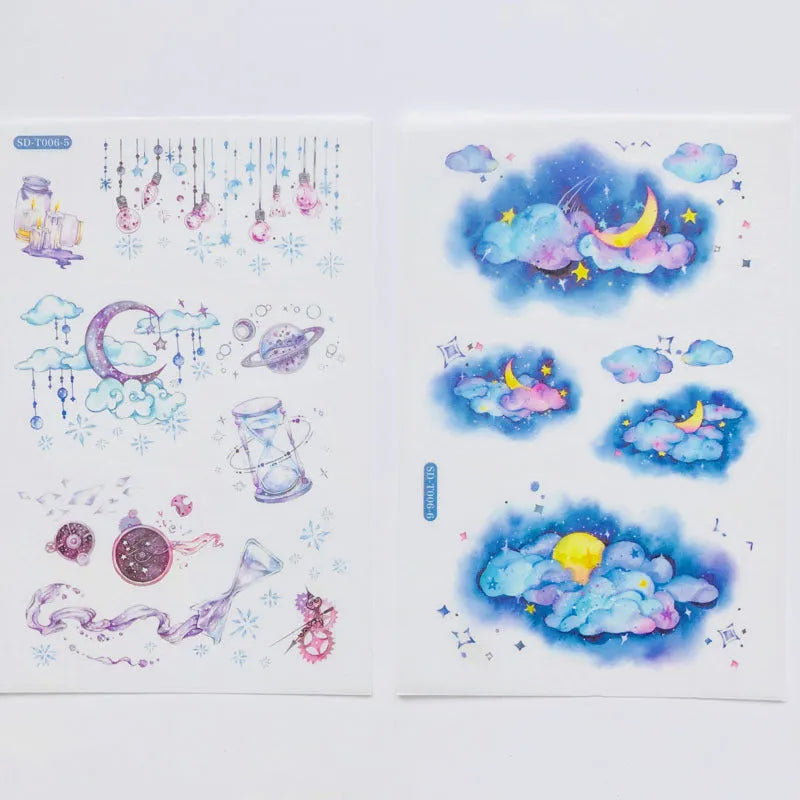 Japanese paper sticker sheet set with fantasy stars pattern, size 10.5 by 14.1 cm