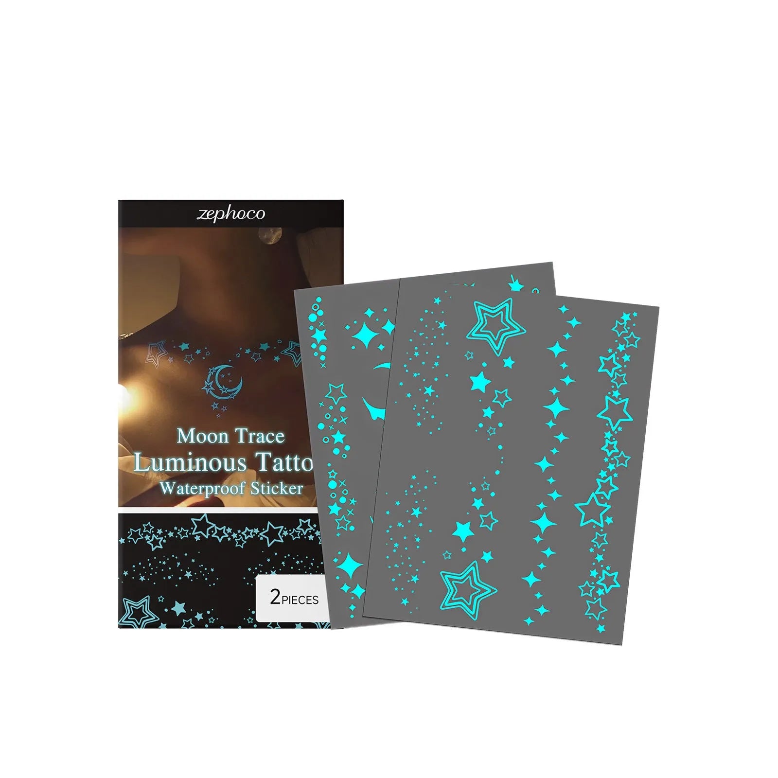 Two luminous tattoo stickers glowing under UV light for party and festival body art