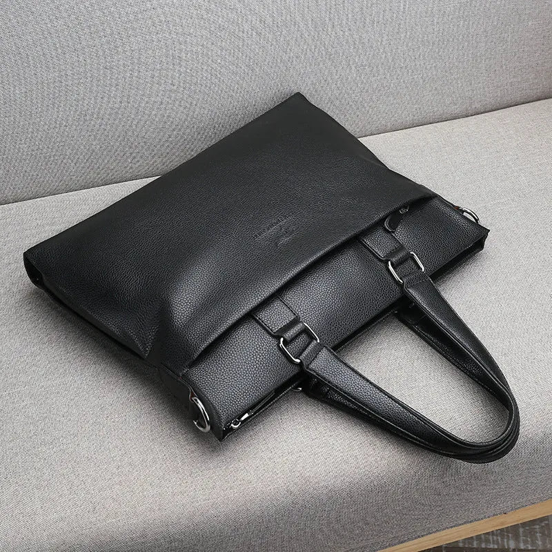 Men's business briefcase large horizontal square synthetic leather black zip closure 12-inch laptop bag