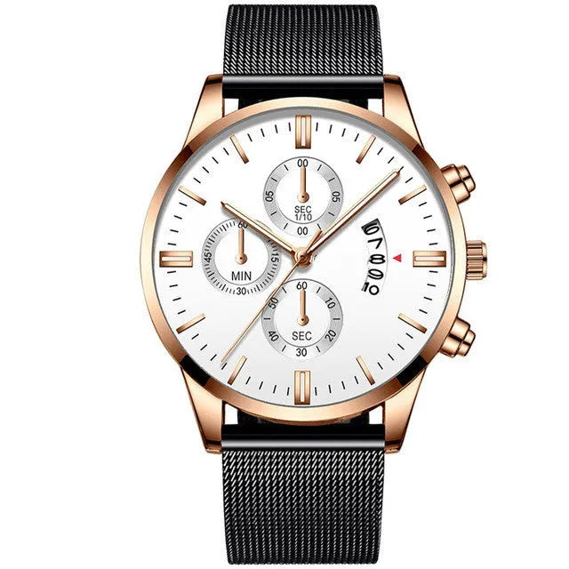 Mens stainless steel mesh band quartz watch with analogue display on wrist