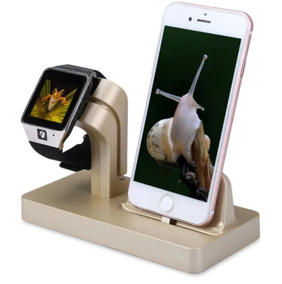 White Apple Watch and iPhone 2-in-1 charging dock station on a wooden desk.