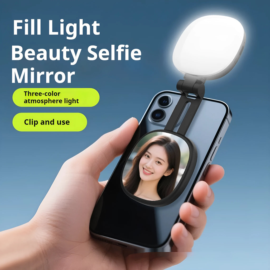 Black and white mobile phone magnetic fill light with three-colour temperature lighting and compact 61mm design