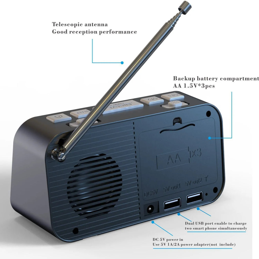 Black DAB bedside alarm clock with large LED display, upgrade pig tail antenna, and side USB ports.