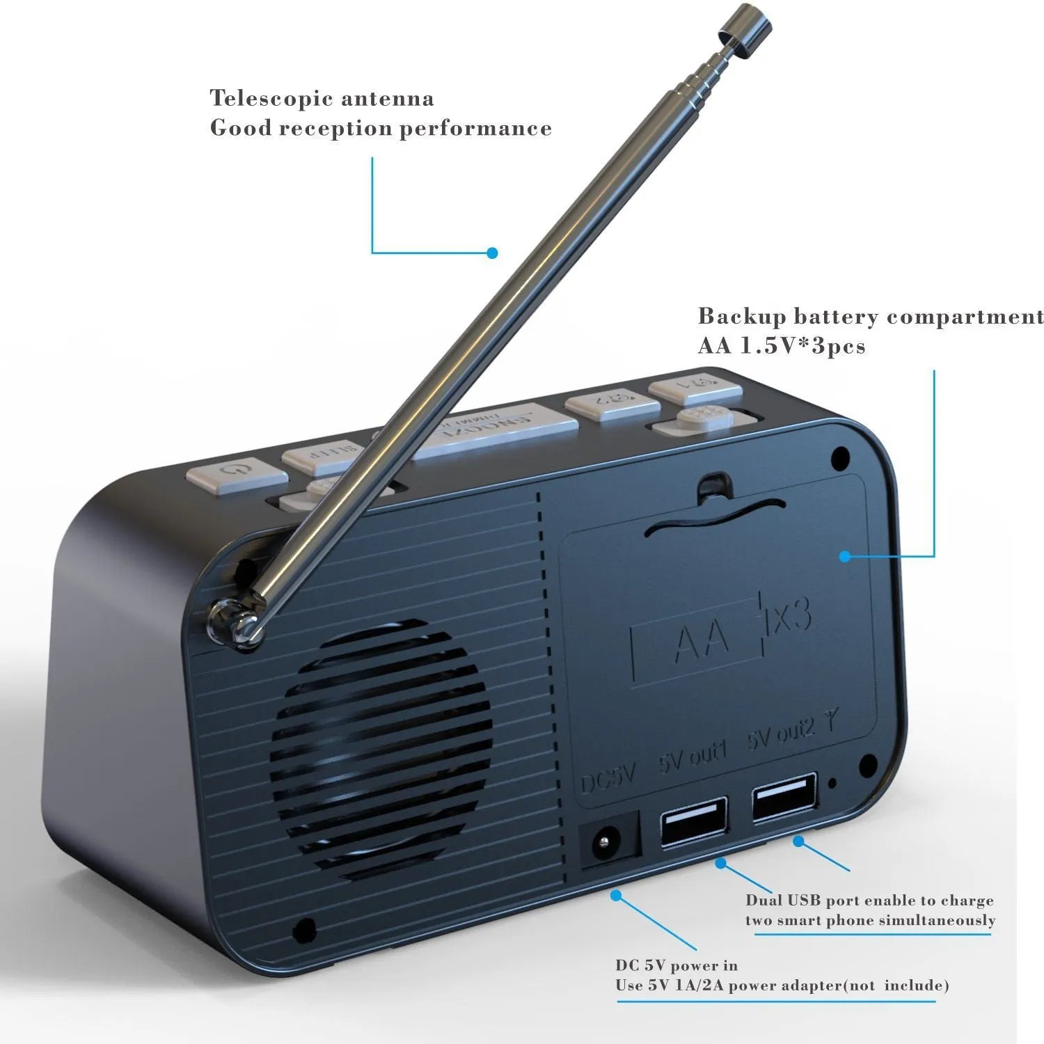 Black DAB bedside alarm clock with large LED display, upgrade pig tail antenna, and side USB ports.