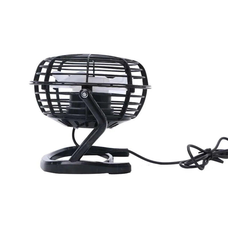 Mini adjustable USB desk fan in black, white, or blue on a workspace next to a laptop.