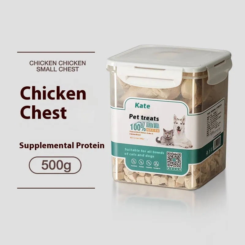 500g bag or barrel of chicken freeze-dried cat snacks showing high grade nuggets without shreds