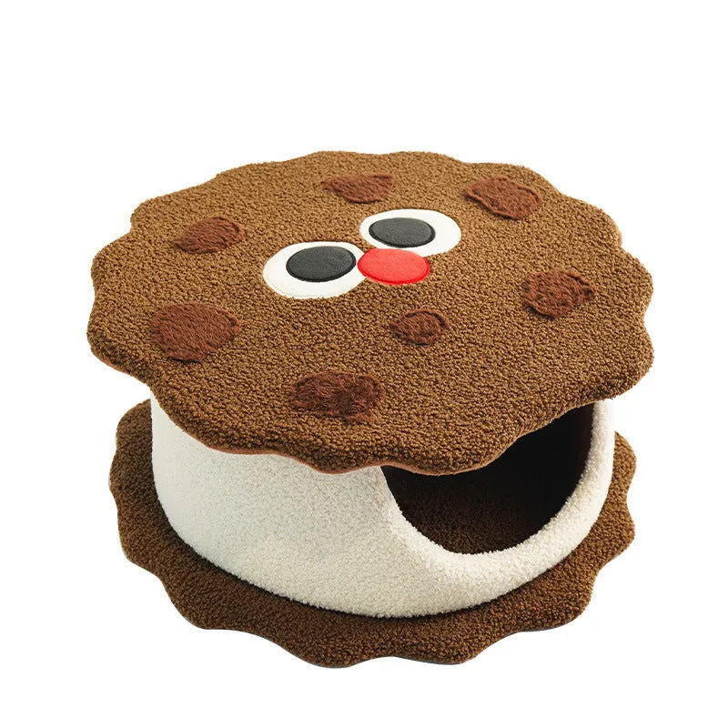 Khaki cookie-shaped enclosed cat bed for winter sleeping