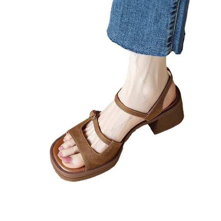 Women's open toe square toe retro platform sandals in brown colour with rubber sole