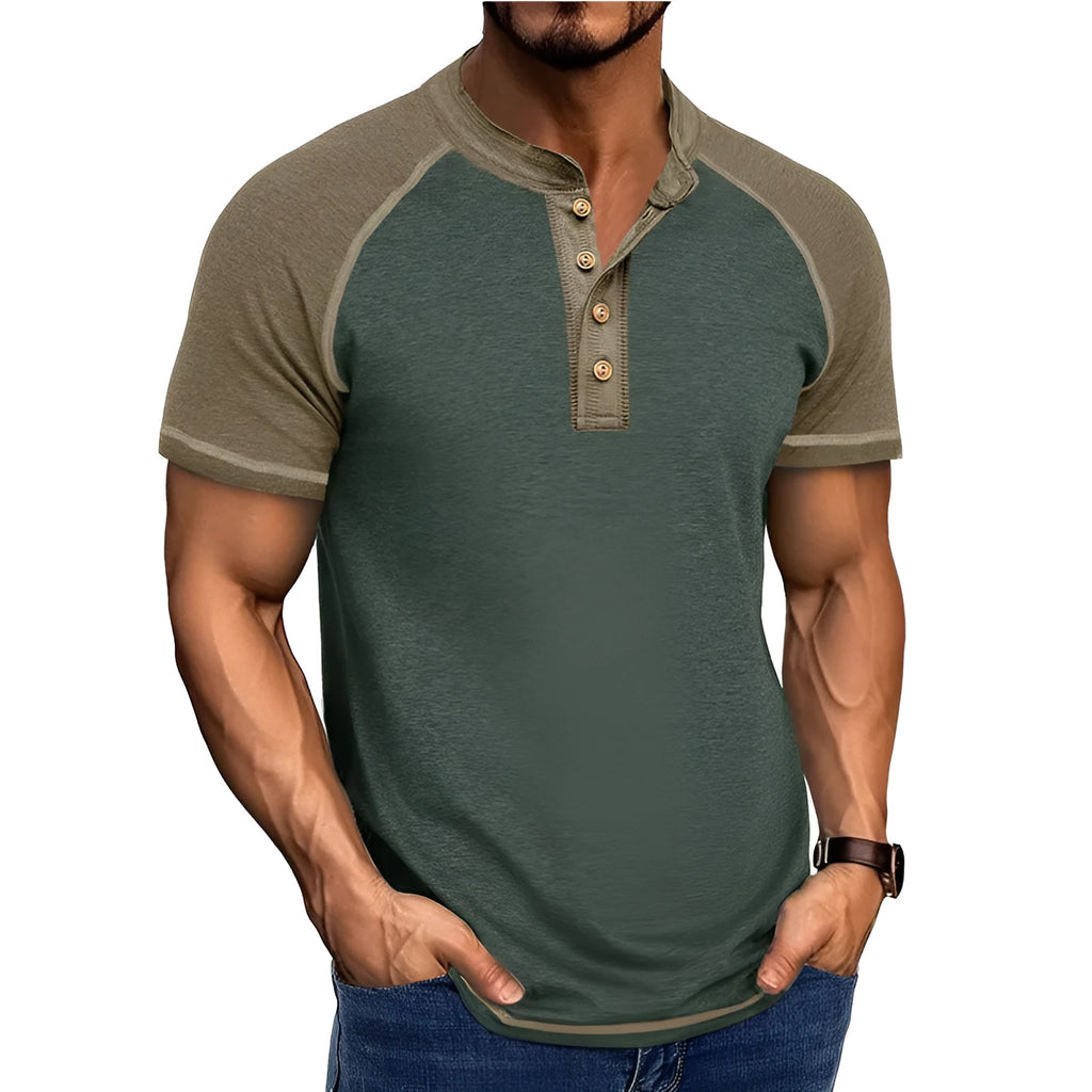 Man wearing a slim-fit, short sleeve pullover with contrasting raglan sleeves in a two-tone colour combination.