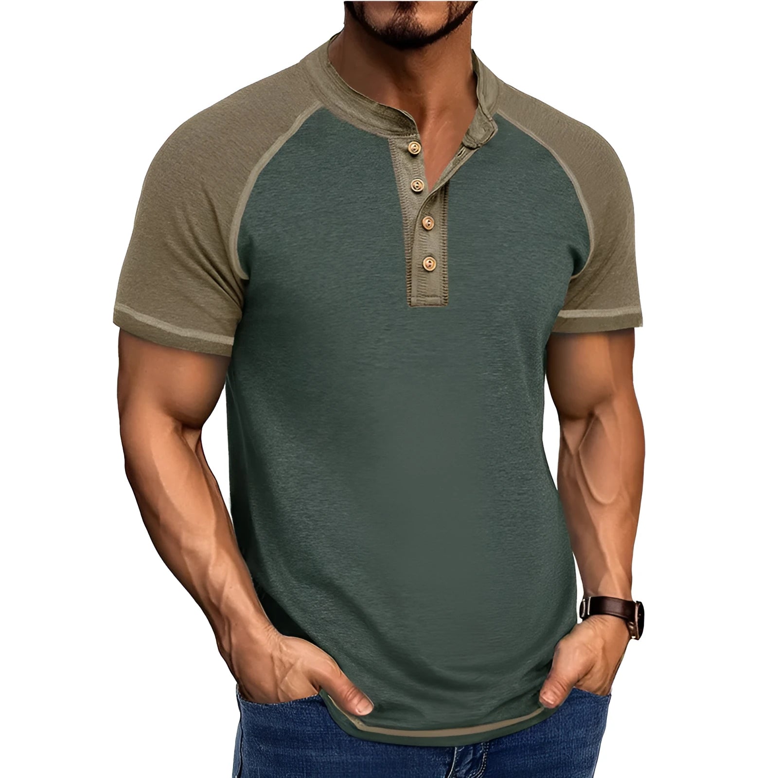 Man wearing a slim-fit, short sleeve pullover with contrasting raglan sleeves in a two-tone colour combination.