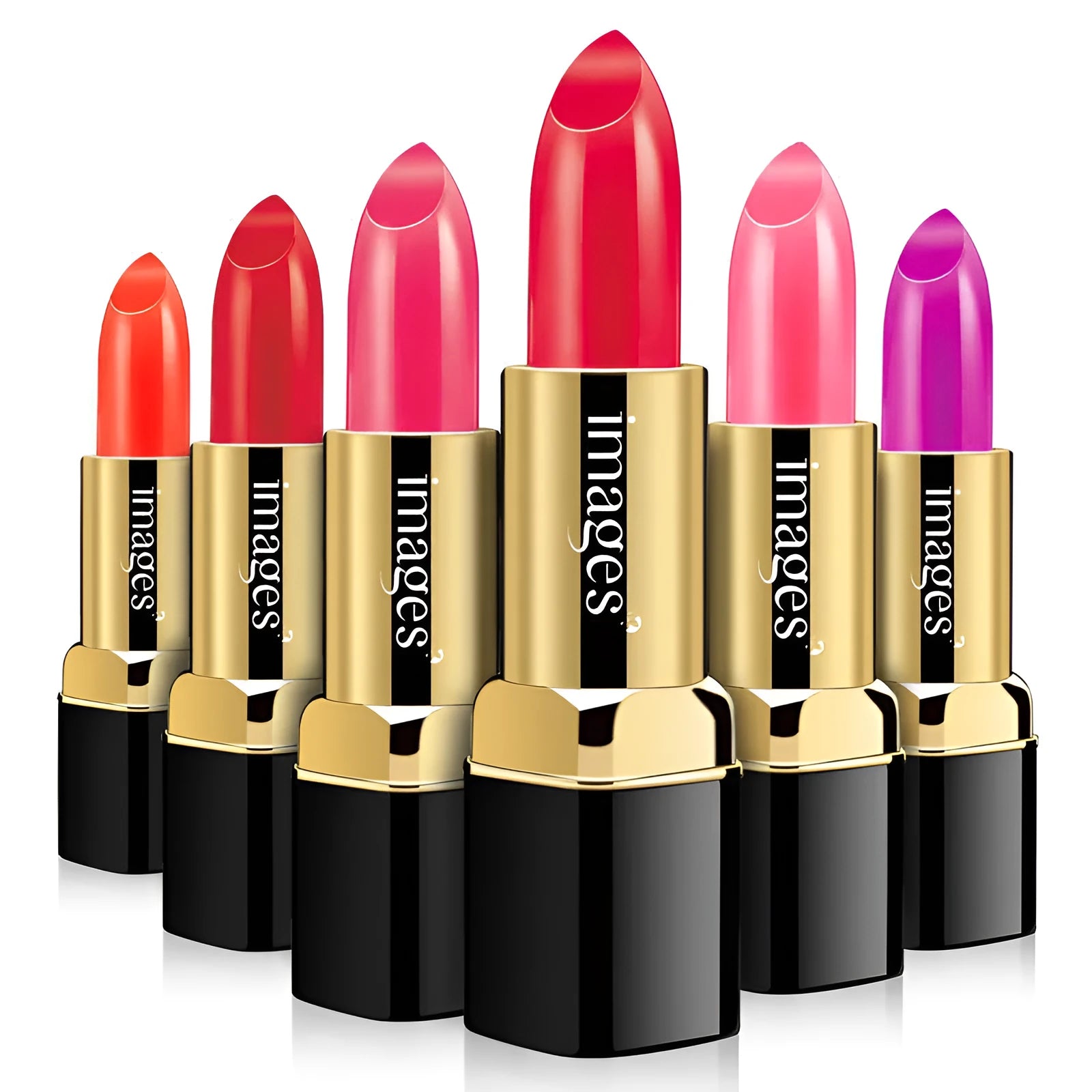 Moisturising lipstick lip gloss in 10 colours showing coral red, bright orange and babie pink shades