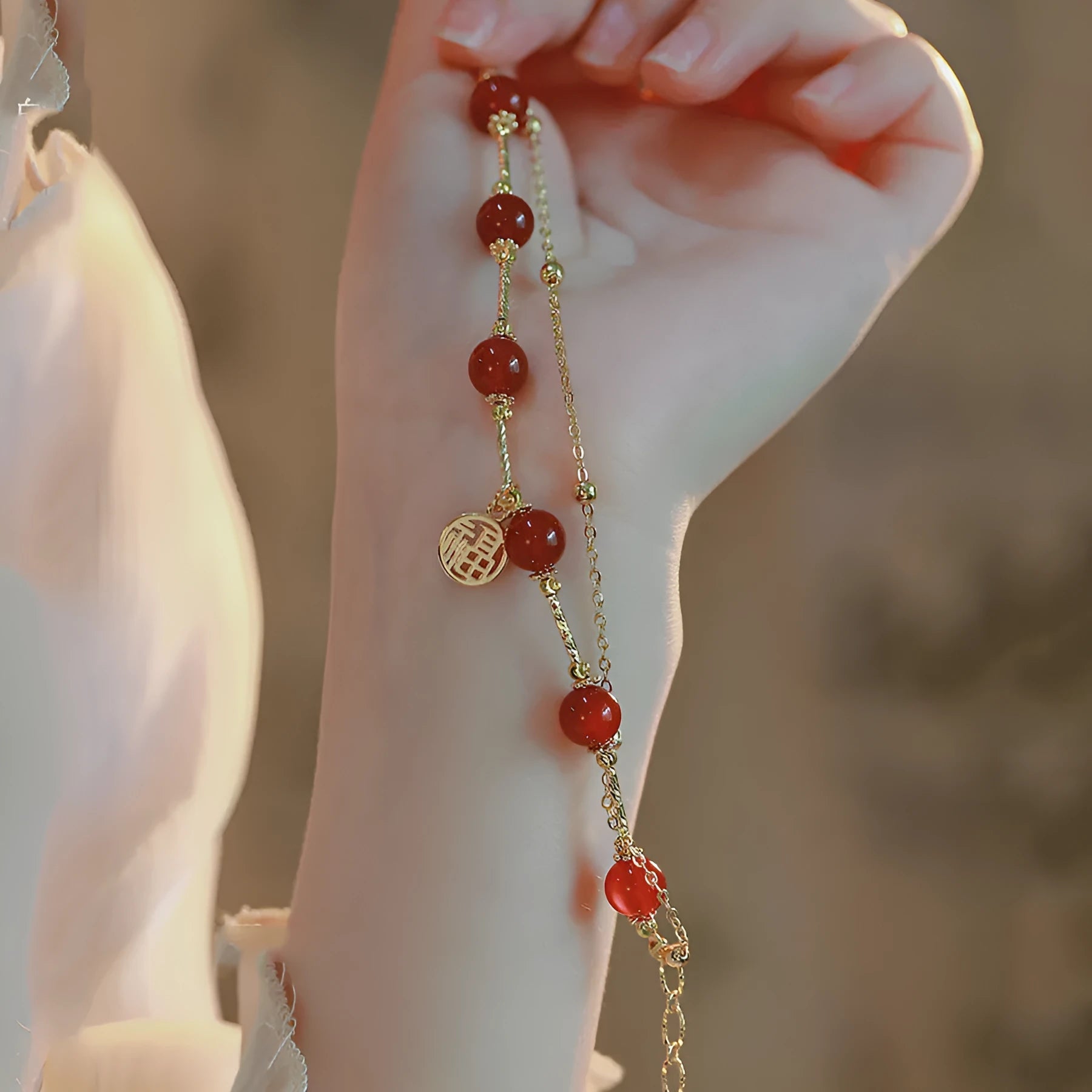 Women's double-layer alloy bracelet with a red agate blessing card charm and horse motif