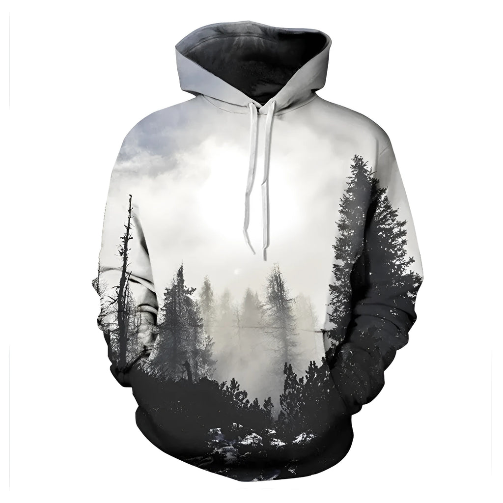 Winter Forest Hoodie black pullover with pockets and wide size range from S to XXXL