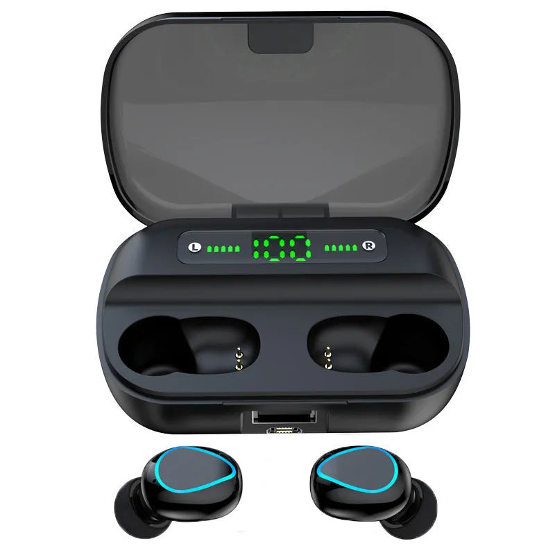Black wireless Bluetooth headset with earplug design showing 10m range and Bluetooth 5.0 features