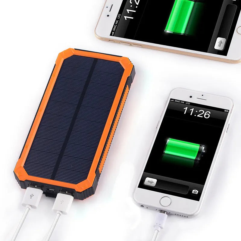Solar power bank in orange plastic case with solar panel, showing USB ports and dimensions 161x79x17mm.