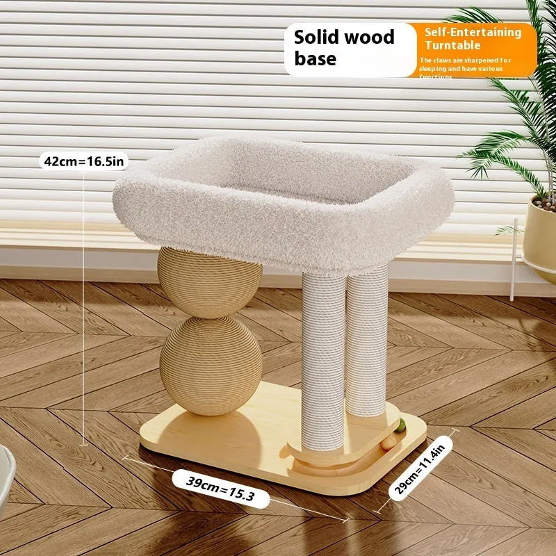 Pine wood cat scratching ball nest unit in a simple style with integrated resting area.