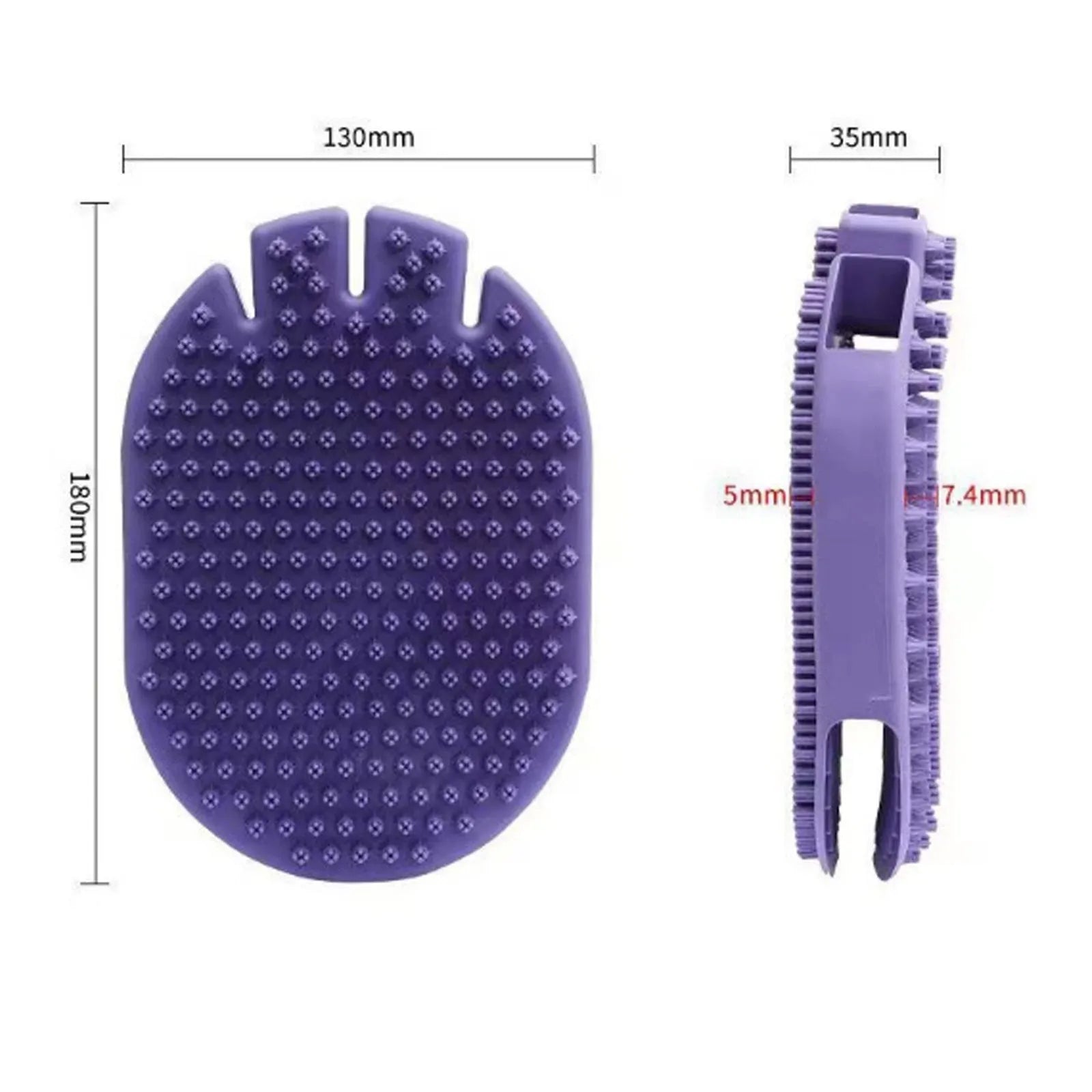 Purple dual-sided pet shampoo massage brush with soft TPR bristles and ergonomic handle.