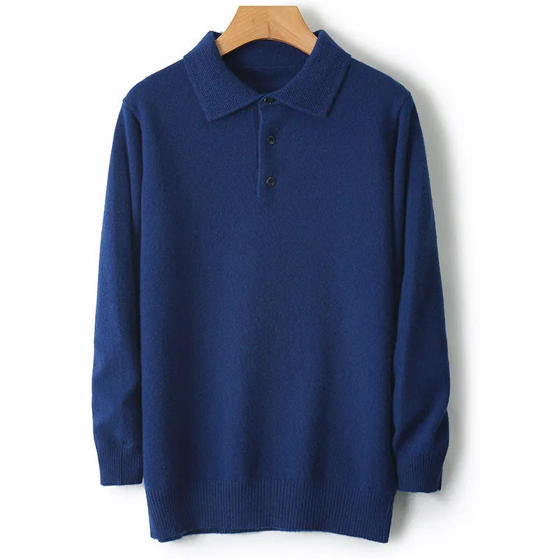 Men's polo collar wool knit sweater in noble blue, shown in a front view.