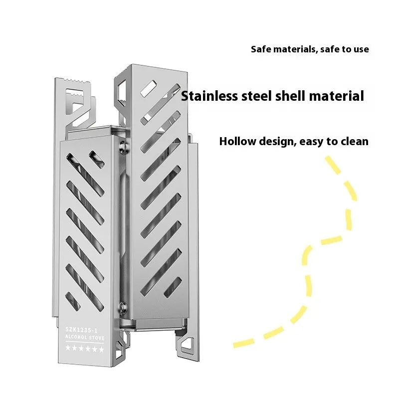 Hexagon-shaped foldable alcohol camping stove in black or silver with dimensions 9.5x8.5x15cm