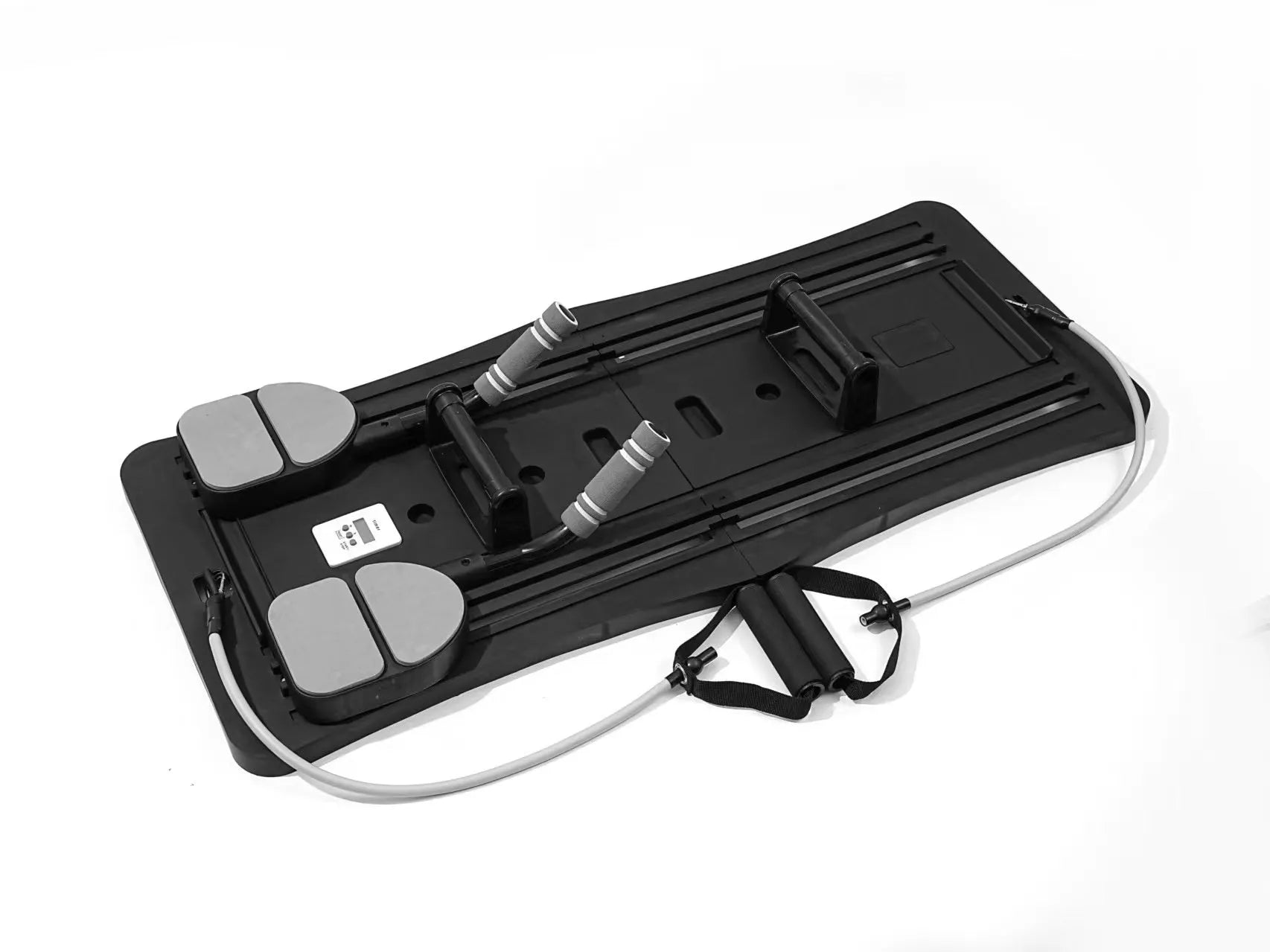 Foldable purple PP plastic fitness belly panel on a floor, shown in open and folded positions.