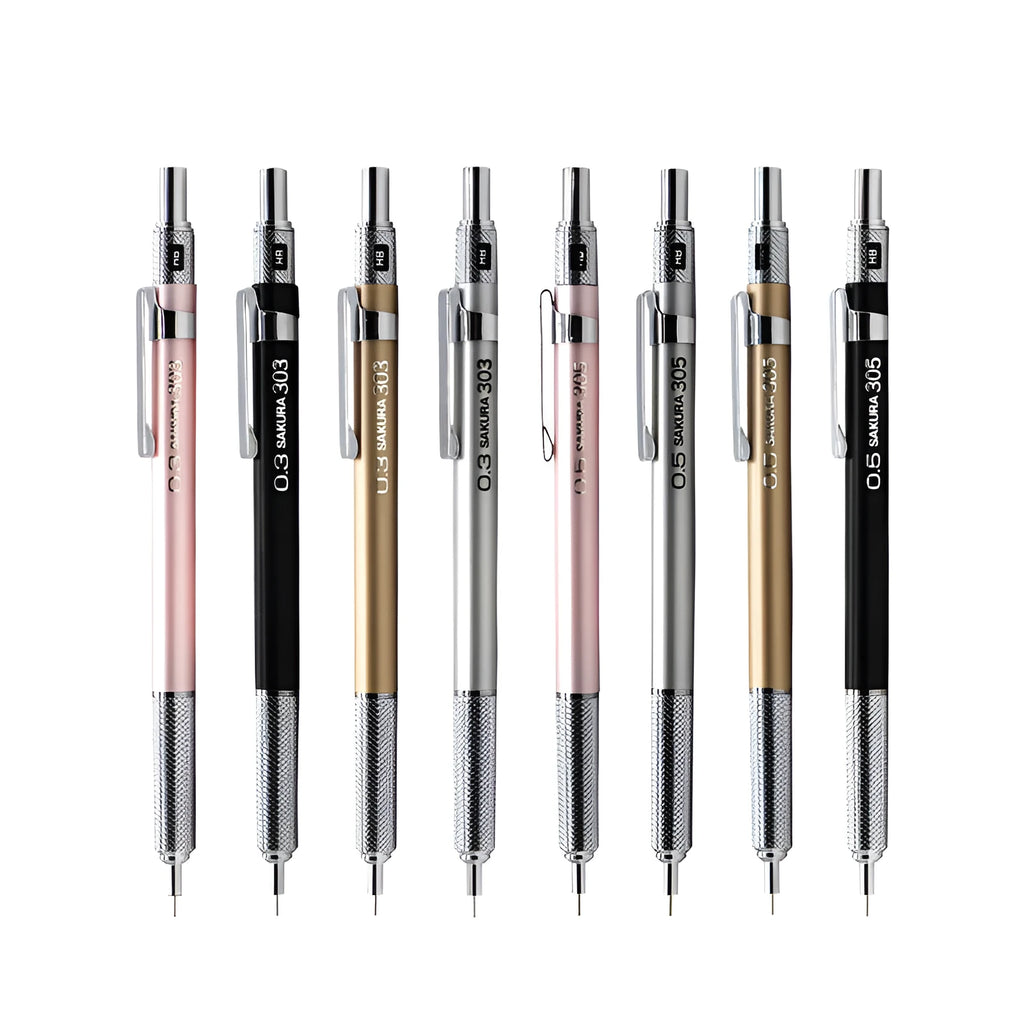 Metal mechanical pencil in gold, silver, black, or pink with 142mm length and 0.5mm or 0.3mm lead size