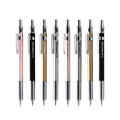 Metal mechanical pencil in gold, silver, black, or pink with 142mm length and 0.5mm or 0.3mm lead size