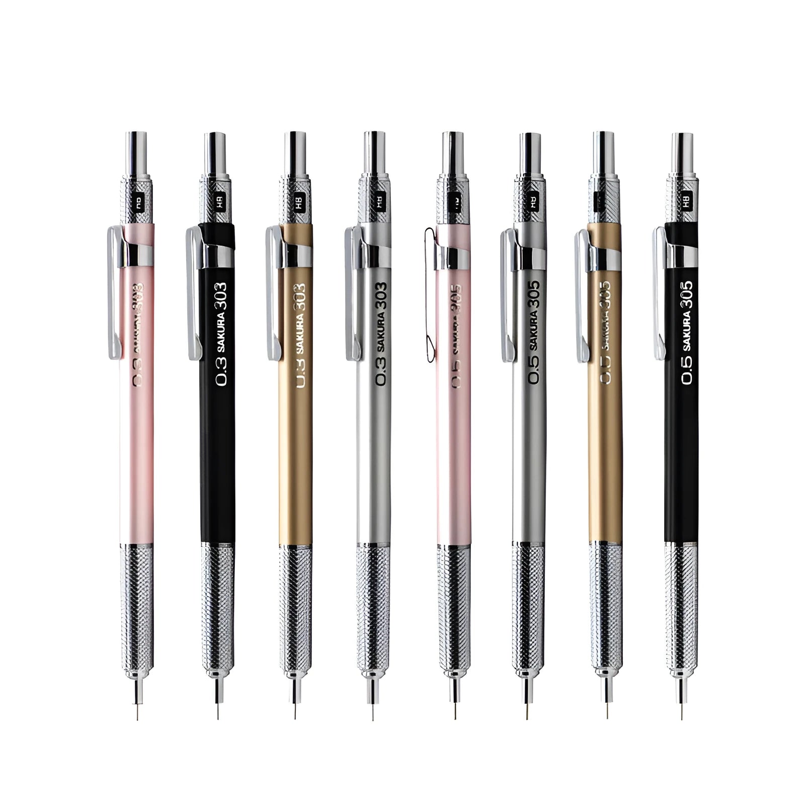Metal mechanical pencil in gold, silver, black, or pink with 142mm length and 0.5mm or 0.3mm lead size