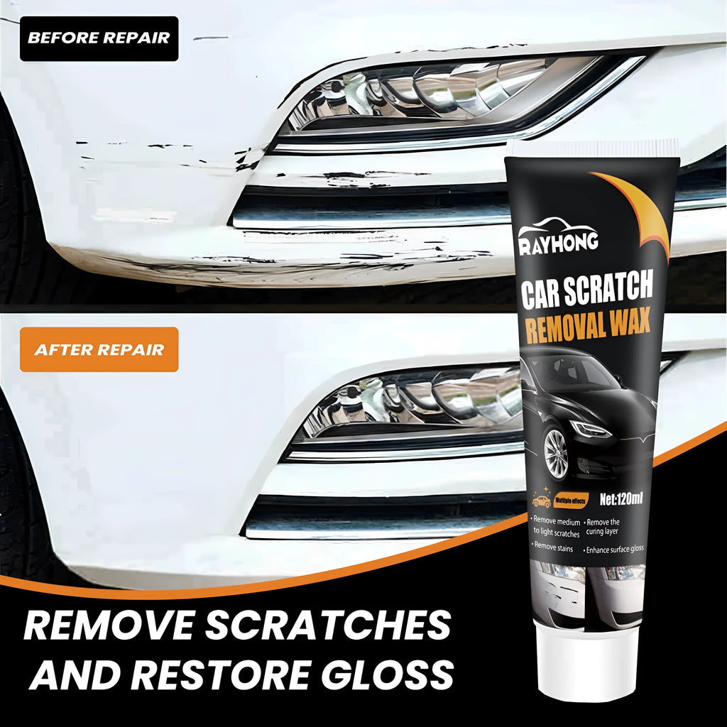 Car scratch wax kit showing 120ml tube, applicator sponge and microfiber towel for automotive paint maintenance
