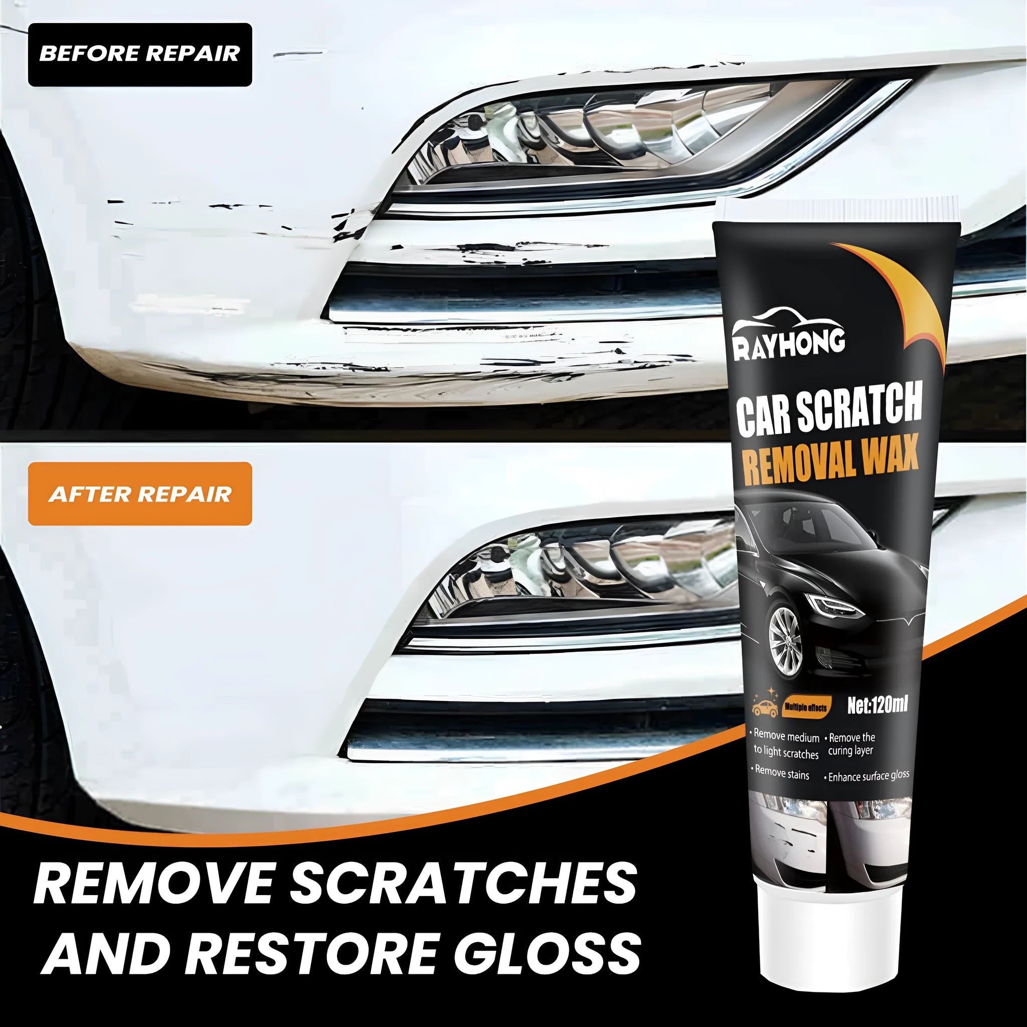 Car scratch wax kit showing 120ml tube, applicator sponge and microfiber towel for automotive paint maintenance
