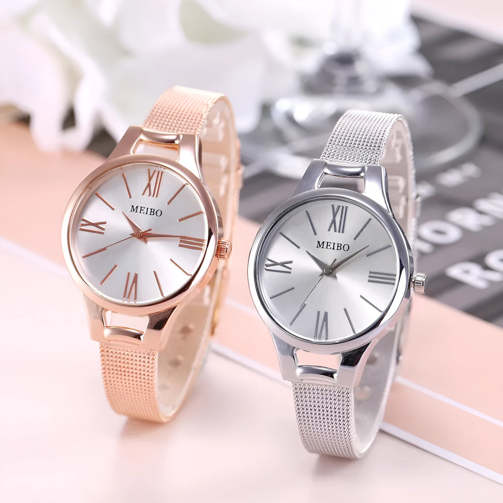 Rose gold round stainless steel mesh band quartz watch for women with pin buckle and analog display